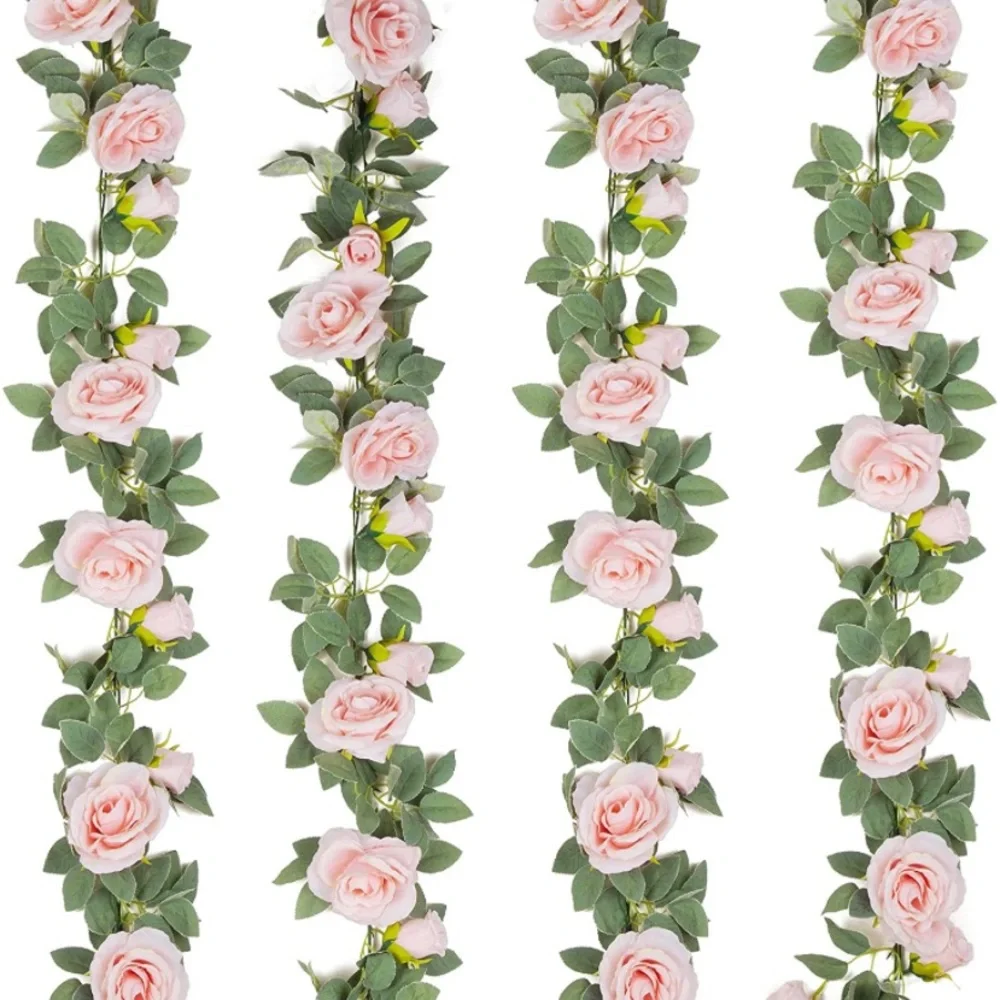 4 count | Pink Rose Floral Vines Green Leaves Garland Wedding Dining Table Decor